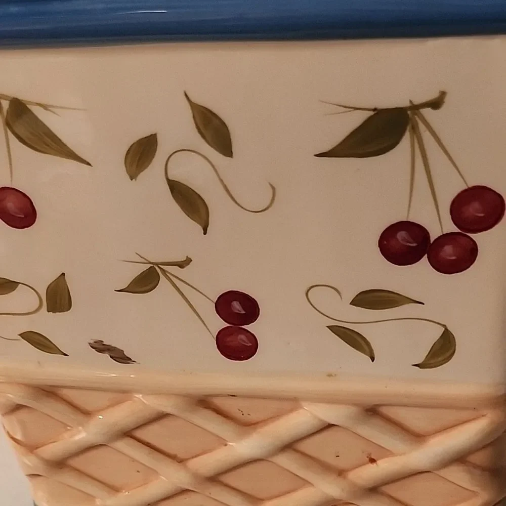 Cherry Pattern Ceramic Canister with Blue Accents
